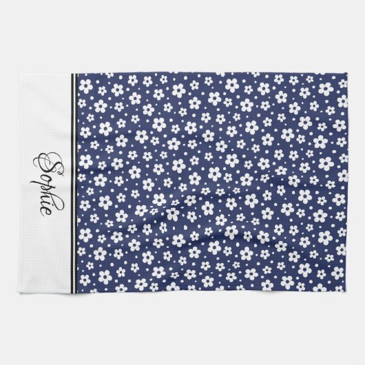 Navy & White Daisies gepersonaliseerd Theedoek (Horizontaal)