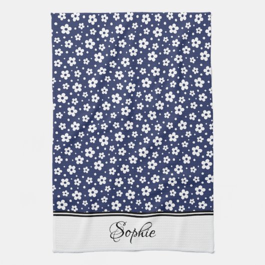 Navy & White Daisies gepersonaliseerd Theedoek (Verticaal)
