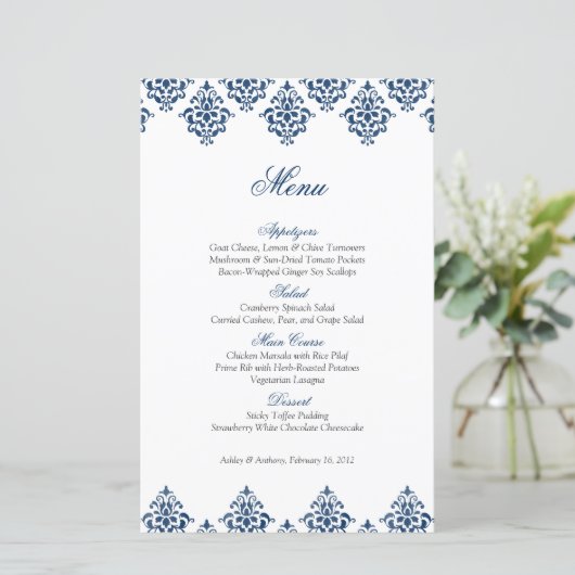 Navy White Damask Arabesque Wedding Menu Kaart (Staand voorkant)