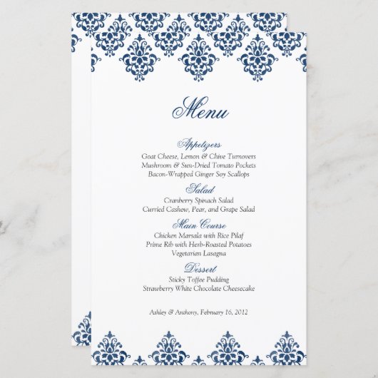 Navy White Damask Arabesque Wedding Menu Kaart (Voorkant / Achterkant)