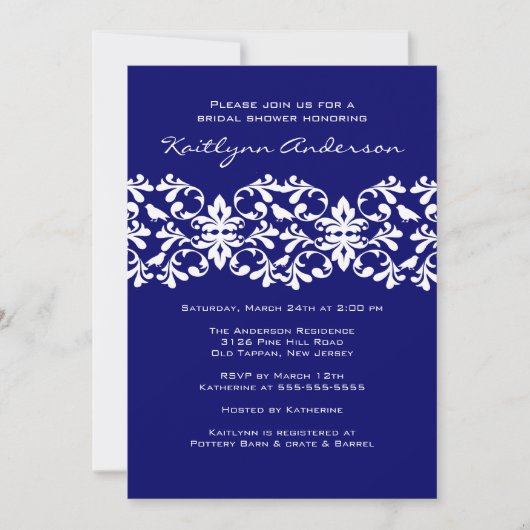 Navy & White Damask Bridal Shower Invitation Kaart (Voorkant)