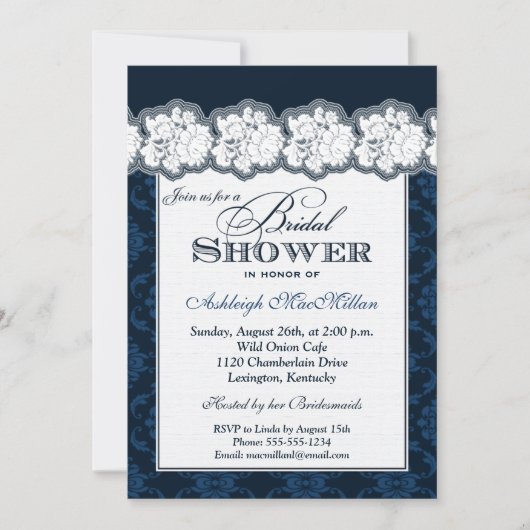 Navy, White Damask, Lace Vrijgezellenfeest Invite Kaart (Voorkant)