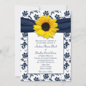 Navy White Damask Sunflower Wedding Invitation Kaart (Voorkant)