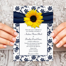Navy White Damask Sunflower Wedding Invitation