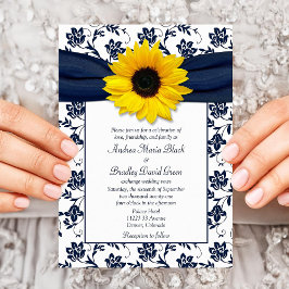 Navy White Damask Sunflower Wedding Invitation Kaart