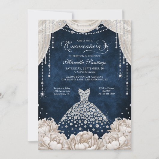 Navy White Diamond Floral Quinceanera Invitation Kaart (Voorkant)
