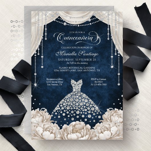 Navy White Diamond Floral Quinceanera Invitation Kaart