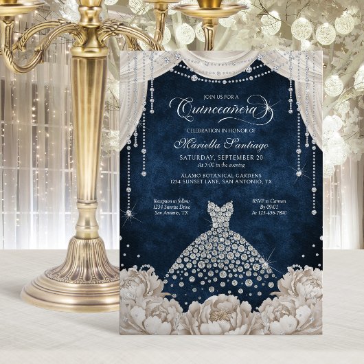 Navy White Diamond Floral Quinceanera Invitation Kaart