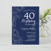 Navy White Floral 40th Birthday Party Kaart (Staand voorkant)