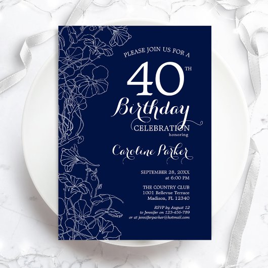Navy White Floral 40th Birthday Party Kaart