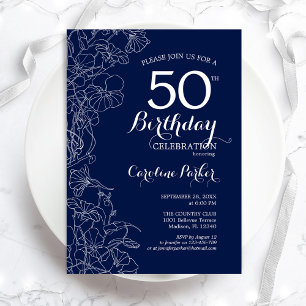 Navy White Floral 50th Birthday Party Kaart