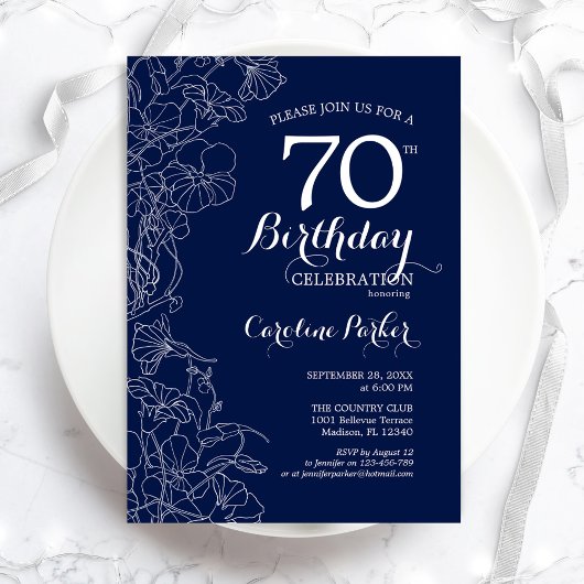 Navy White Floral 70th Birthday Party Kaart