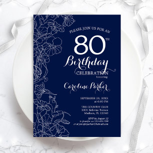 Navy White Floral 80th Birthday Party Kaart
