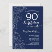 Navy White Floral 90th Birthday Party Kaart (Voorkant)