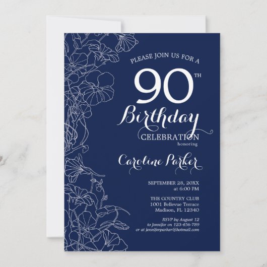 Navy White Floral 90th Birthday Party Kaart (Voorkant)