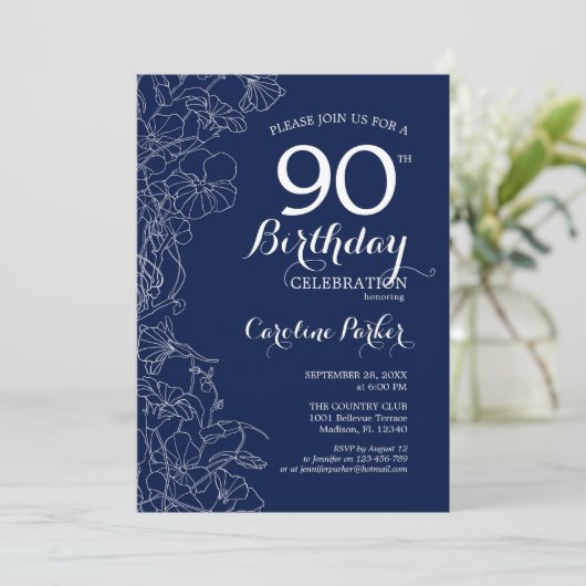 Navy White Floral 90th Birthday Party Kaart (Staand voorkant)