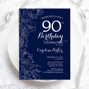 Navy White Floral 90th Birthday Party Kaart