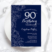 Navy White Floral 90th Birthday Party Kaart