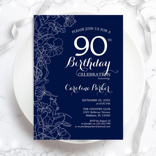 Navy White Floral 90th Birthday Party Kaart