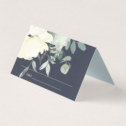 NAVY WHITE FLORAL FIRST HOLY COMMUNION PLACE CARD KAART (Voorkant)