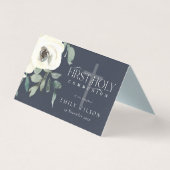 NAVY WHITE FLORAL FIRST HOLY COMMUNION PLACE CARD KAART (Achterkant)