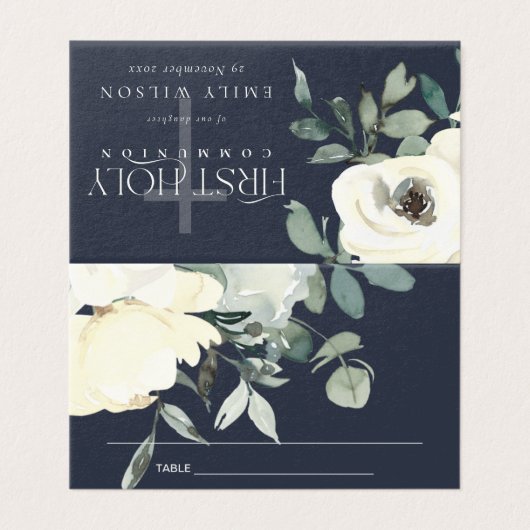 NAVY WHITE FLORAL FIRST HOLY COMMUNION PLACE CARD KAART (Buitenkant ongevouwen)