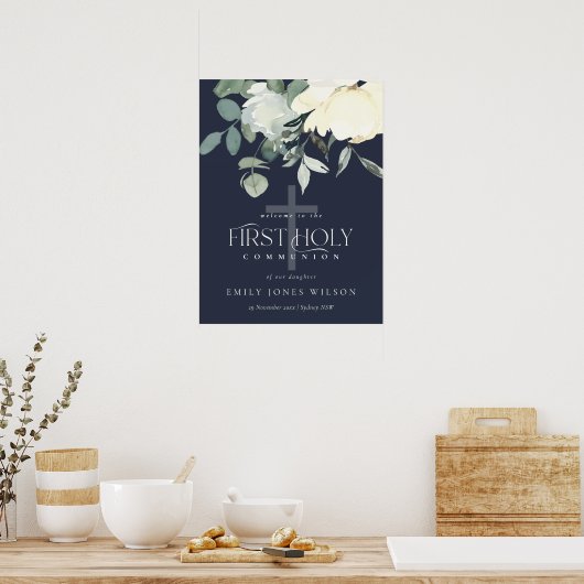 NAVY WHITE FLORAL FIRST HOLY COMMUNION WELCOMM POSTER (Keuken)