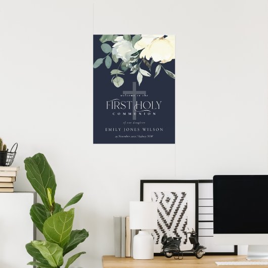 NAVY WHITE FLORAL FIRST HOLY COMMUNION WELCOMM POSTER (Thuiskantoor)
