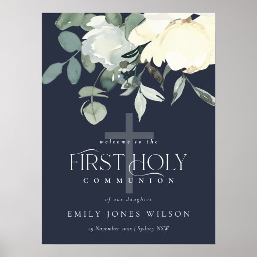 NAVY WHITE FLORAL FIRST HOLY COMMUNION WELCOMM POSTER (Voorkant)