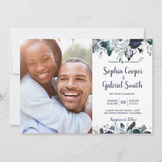 Navy White Floral Photo Wedding Invitations Kaart (Voorkant)