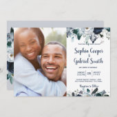 Navy White Floral Photo Wedding Invitations Kaart (Voorkant / Achterkant)