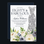 Navy White Floral Silver Dress 80th Birthday Party Kaart<br><div class="desc">Navy White Floral Silver Dress 80th Birthday Party Invitation Bekijk collectie in Niche en Nest Store Veel bedankt</div>