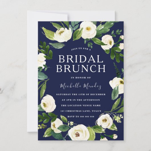 Navy & White Floral Wreath Vrijgezellenfeest Brunc Kaart (Voorkant)