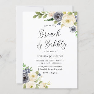 Navy & White Flowers Brunch & Bubble Vrijgezellenf Kaart