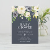 Navy & White Flowers Girl Boy Modern Baby shower Kaart (Staand voorkant)