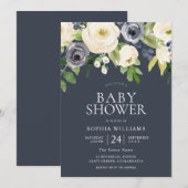 Navy & White Flowers Girl Boy Modern Baby shower Kaart (Voorkant / Achterkant)