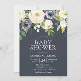 Navy & White Flowers Girl Boy Modern Baby shower Kaart