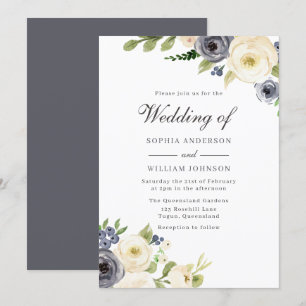 Navy & White Flowers Pure Elegant Wedding Kaart