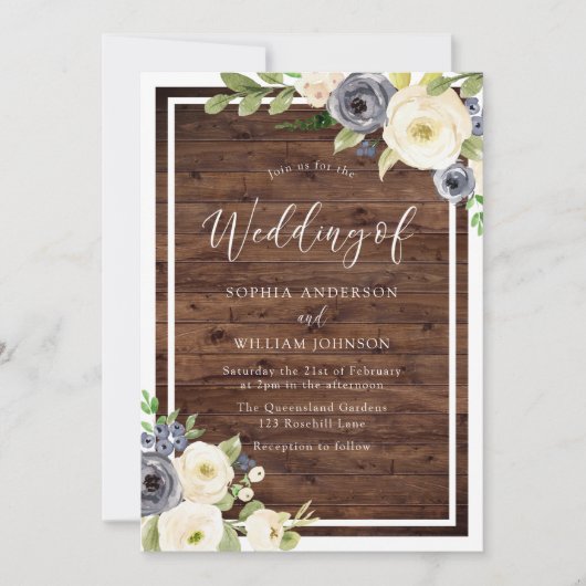 Navy & White Flowers Rustic Herfst of Spring Weddi Kaart (Voorkant)