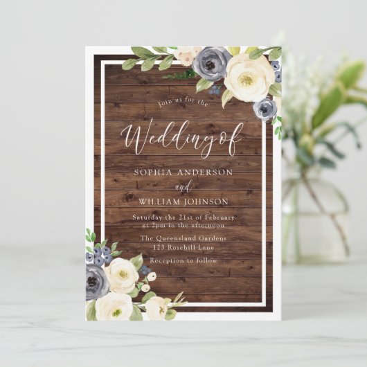 Navy & White Flowers Rustic Herfst of Spring Weddi Kaart (Staand voorkant)