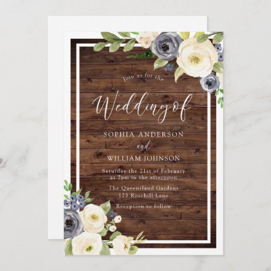 Navy & White Flowers Rustic Herfst of Spring Weddi Kaart (Voorkant / Achterkant)