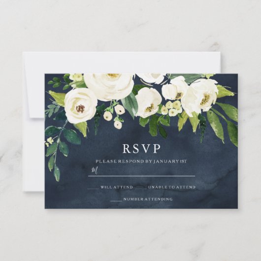 Navy & White Flowers Weddenschap Bridal RSVP-kaart RSVP Kaartje (Voorkant)