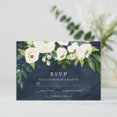 Navy & White Flowers Weddenschap Bridal RSVP-kaart RSVP Kaartje (Staand voorkant)