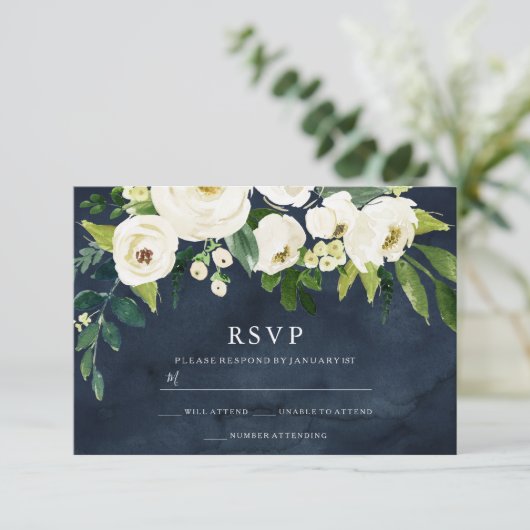 Navy & White Flowers Weddenschap Bridal RSVP-kaart RSVP Kaartje (Staand voorkant)