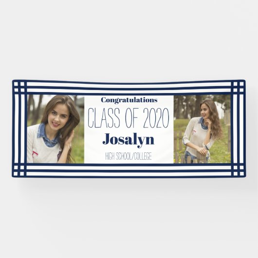 Navy White Geometric Two Photos Afstuderen Spandoek (Horizontaal)