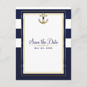 Navy White & Gold Anchor Nautical Save the Date Aankondigingskaart