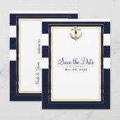 Navy White & Gold Anchor Nautical Save the Date Aankondigingskaart (Voorkant / Achterkant)