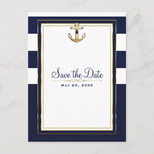 Navy White & Gold Anchor Nautical Save the Date Aankondigingskaart (Voorkant)