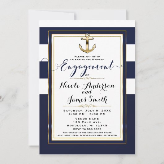Navy White & Gold Anker Nautische Engagement Party Kaart (Voorkant)