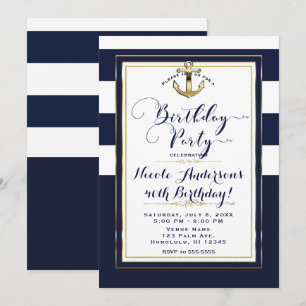 Navy White & Gold Anker Nautische Verjaardagsfeest Kaart